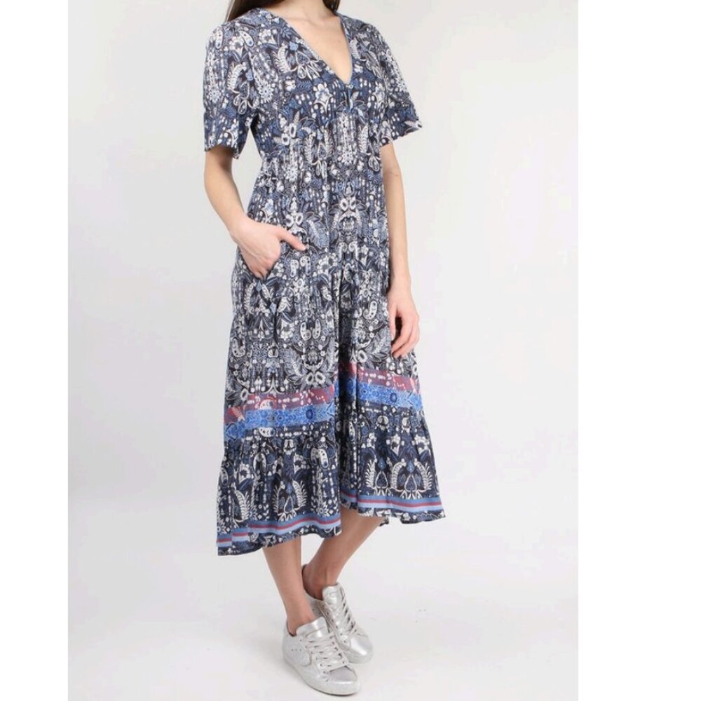 Xirena Agatha Floral Geometric Cotton Midi Dress Indigo/Blue Size Small